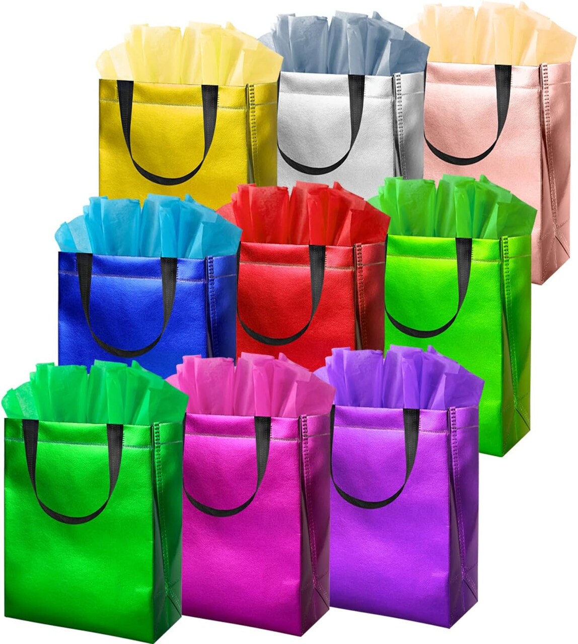 12 PCS Colorful Reusable Gift Bags with Tissue Paper – Medium Size, Sparkly Party Favor Bags for Birthdays, Weddings, Shopping & Goodie Bags (12 Colors-12pcs-Medium)